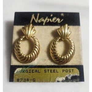 Signed Napier Gold Tone Earrings Dangle Door Knocker Small .75"